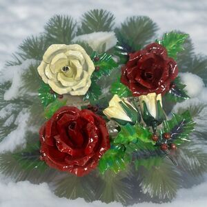 Metal Rose Decoration For Christmas Tree W/ Clip For Attaching Flower Red White